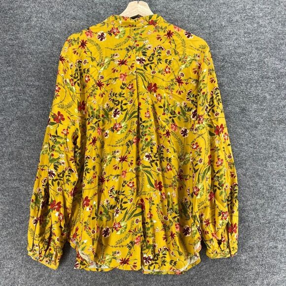 Terra & Sky Blouse Women 1X Plus Yellow V-Neck Tie Up Long Sleeve Rayon Casual - Picture 2 of 9